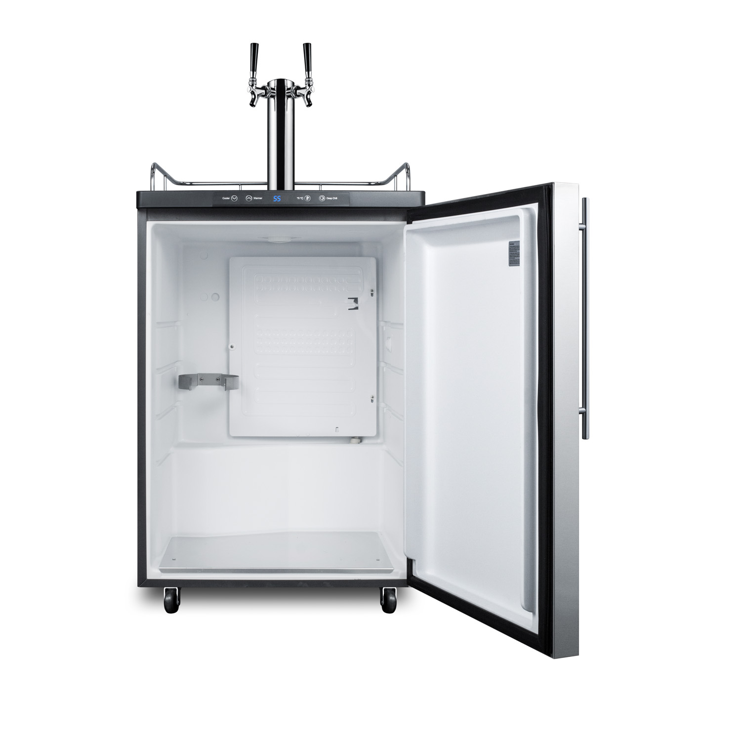 Freestanding dual tap residential beer dispenser, auto defrost w/digital thermostat, SS wrapped door, thin handle, and black cabinet